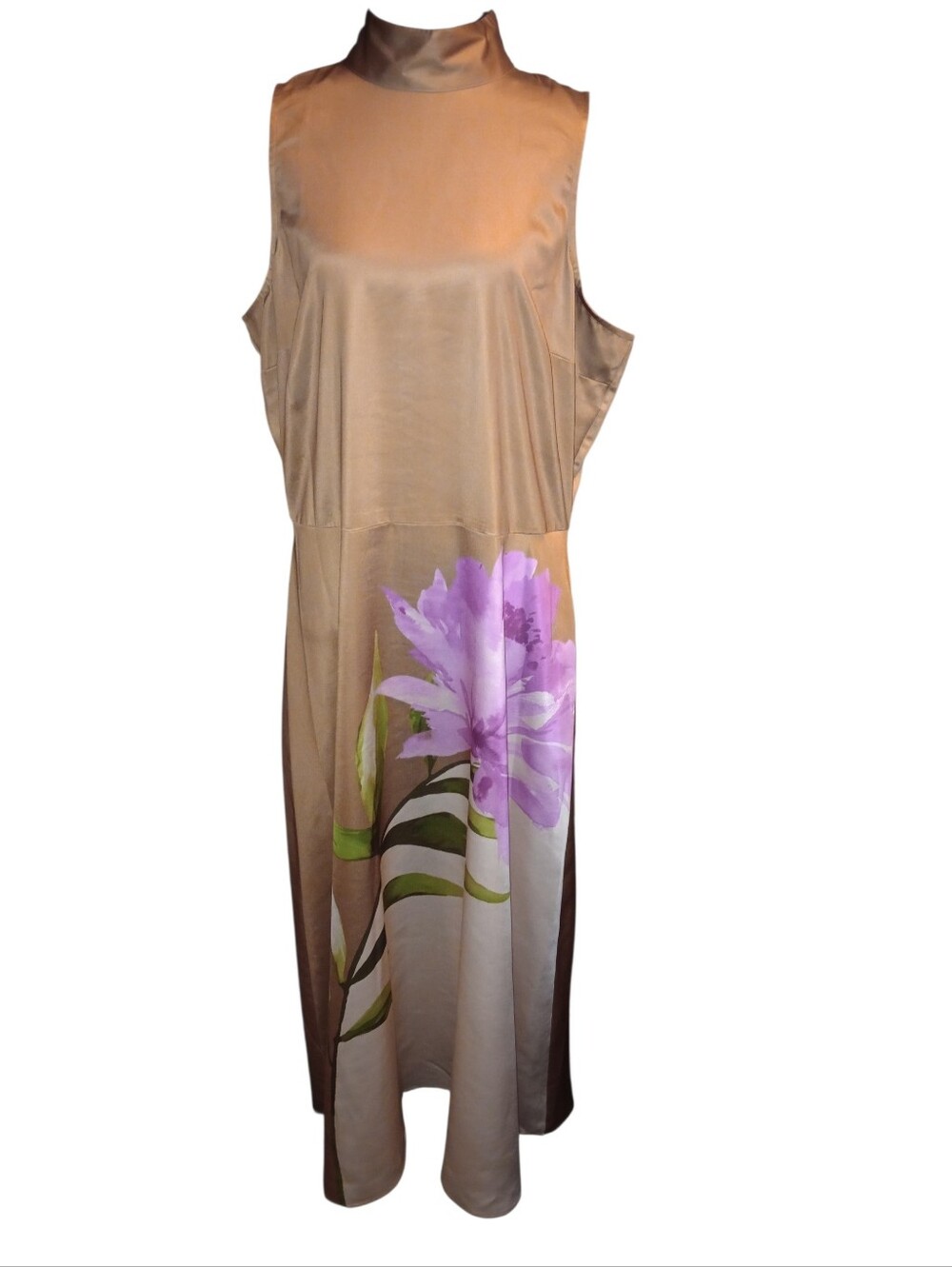 Worthington Sleeveless Satin Maxi Dress with Lavender Floral Print, Size XL,NWOT